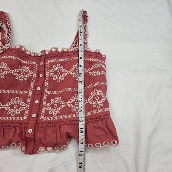 American Eagle Crop Top Womens Small Rust Terracotta Eyelet Smocked Button Front - Picture 5 of 9
